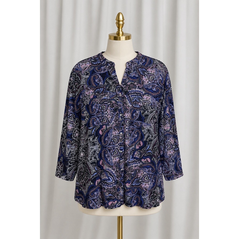Croft & Barrow Button Front Top Size XXL Vibrant Print Stretchy Flowy‎ Office